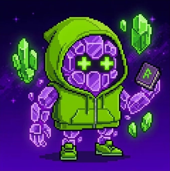 Pixel art illustration of a green-hooded figure with a purple mask displaying cross-shaped glowing eyes, surrounded by floating green and purple crystals on a starry purple background.