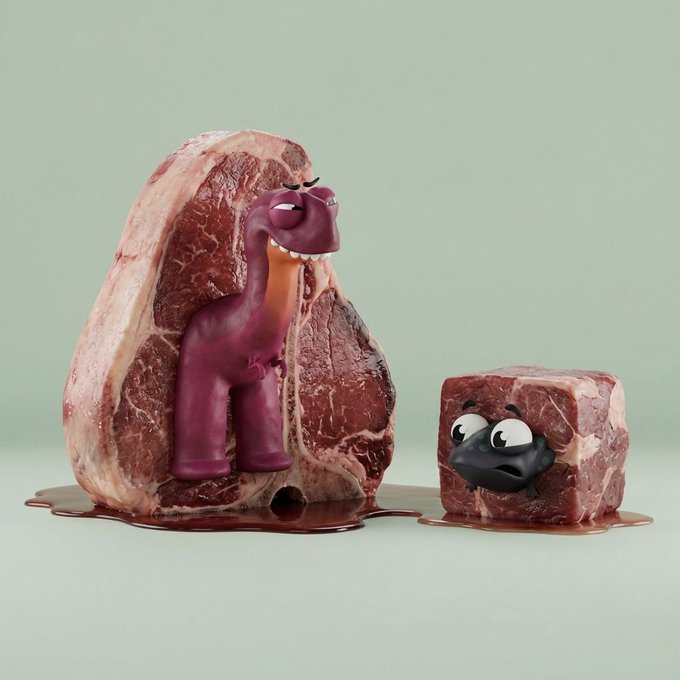 Surreal 3D render of a large purple cartoon dinosaur emerging from a raw steak alongside a smaller black character on a meat cube, set against a sage green background.