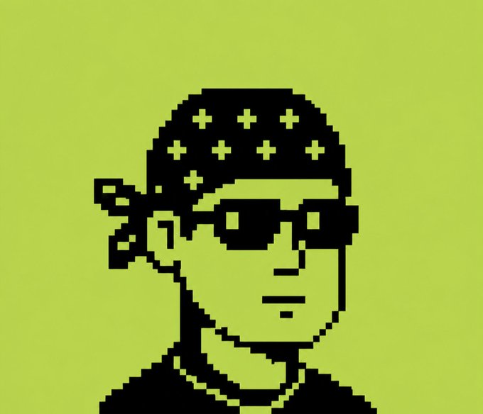 A pixel-art portrait of a figure wearing a bandana with plus-sign patterns and sunglasses, rendered in black against a lime-green background. The retro 8-bit aesthetic complements the "Robinoids" announcement, evoking classic NFT pixel-art style associated with crypto culture and on-chain collectibles.