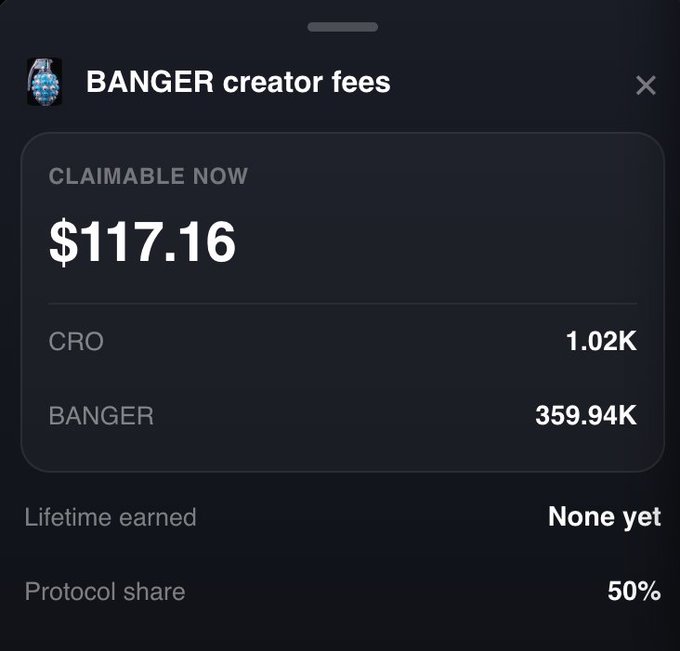 A dark-themed interface showing 'BANGER creator fees' claimable now at $117.16, with CRO at 1.02K, BANGER at 359.94K, lifetime earned as 'None yet', and a protocol share of 50%.