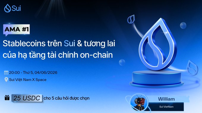 The image features a blue background with a large blue circle containing a white leaf-like shape at its center. Below the image, there are two lines of text written in Thai that read "Stablecoins tren Sui & Tuong lai cuat chineh tang tai chin on-chain". The post also includes an event description and a link to a website for the event.