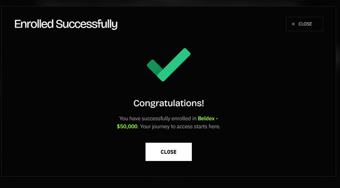 A success confirmation screen reading "Enrolled Successfully — Congratulations! You have successfully enrolled in **Beldex - $50,000**. Your journey to access starts here," with a green checkmark and Close button. The image supports the post's enthusiasm by showing that Beldex runs a substantial $50,000 incentive program, underscoring that it's far more than just a privacy blockchain.