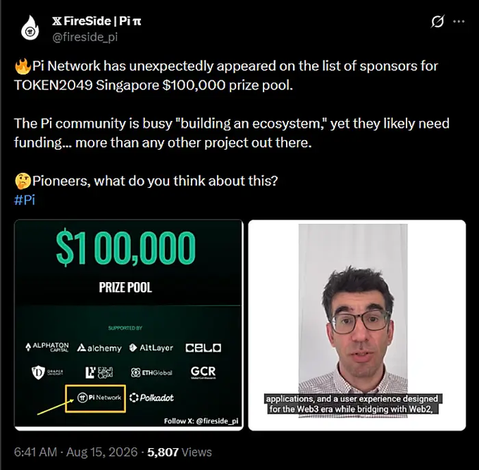 A tweet from Fireside Pi (@fireside_pi) shows Pi Network unexpectedly appearing as a sponsor for TOKEN2049 Singapore's $100,000 prize pool, alongside other sponsors like Alchemy, Celo, and Polkadot. The image highlights Pi Network's inclusion among the supporters, suggesting potential funding or ecosystem development efforts for the project.