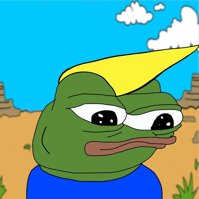 A cartoon illustration of a Pepe-style green frog character with a yellow spiky hair/flame on its head, set against a desert landscape with a blue sky and clouds.