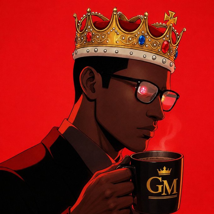 The image features a man wearing glasses and holding a black coffee cup with the word "G" written on it. The background of the image is red, which contrasts with the man's attire and adds emphasis to him as the main subject. The caption at the bottom of the image reads "Good Morning Future Billionaires Happy Friday But I'M NOT SO GOOD ON @quipnetwork tho. But I'M MOTIVATED TO DO MORE". This suggests that the man is motivated, despite facing challenges or setbacks in other areas of his life.