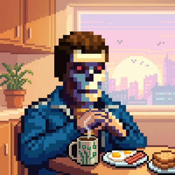 A pixel art illustration depicts a blue-skinned figure wearing goggles and a jacket, sitting at a table with breakfast including eggs, bacon, and a patterned mug, with a sunset cityscape visible through a window behind.