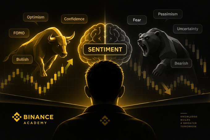 A Binance Academy graphic titled 'SENTIMENT' shows a person viewed from behind facing a split brain, with a golden bull (Optimism, Confidence, FOMO, Bullish) on the left and a dark bear (Pessimism, Fear, Uncertainty, Bearish) on the right, over candlestick charts.