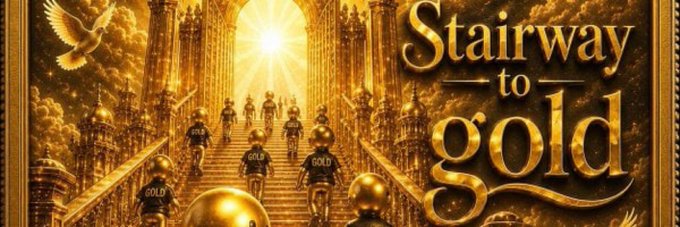 The image is a golden, heavenly-themed promotional graphic featuring armored figures with "GOLD" emblazoned on their backs ascending a grand staircase toward a radiant light, with a dove flying overhead. The bold text reads "Stairway to GOLD," visually echoing the post's bullish message about the $GOLD token's rising liquidity, locked supply, and promising early-stage market cap.