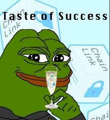 A cartoon Pepe the Frog meme titled "Taste of Success" sips from a champagne glass, surrounded by icons labeled "Chain Link" and "Credit Link."