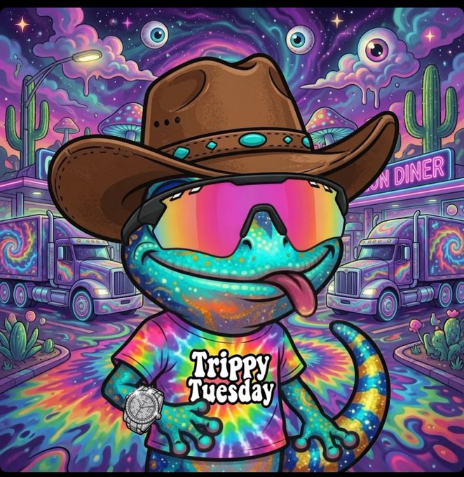 A vibrant, psychedelic illustration of a smiling lizard wearing a cowboy hat and a tie-dye 'Trippy Tuesday' shirt, with eyes floating in a surreal, neon-colored diner setting.