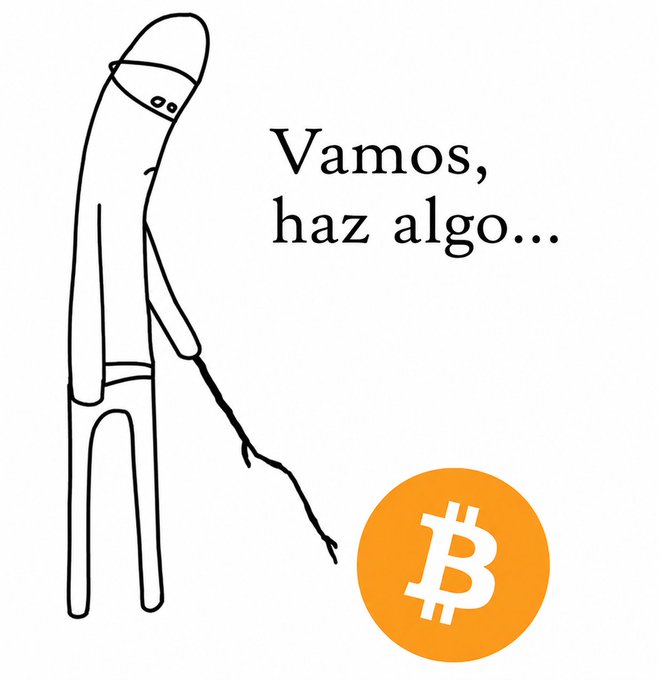 A line drawing meme showing a stick figure with a stick pointing at an orange Bitcoin coin, with the Spanish text 'Vamos, haz algo...' (Come on, do something).