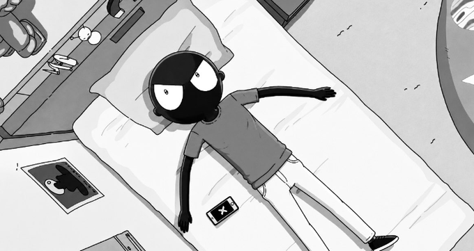 A black-and-white animated cartoon shows a stylized character with large eyes lying on a bed, with a smartphone displaying an 'X' icon nearby.