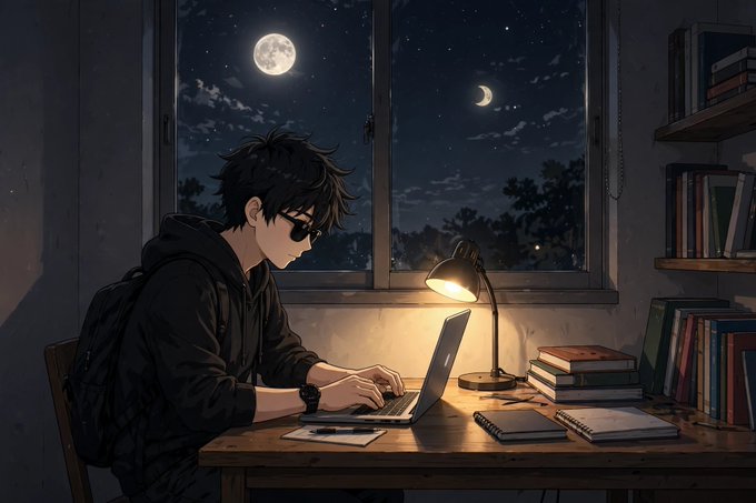An anime-style illustration depicting a young man wearing sunglasses working on a laptop at a wooden desk by a window, illuminated by a desk lamp with a full moon visible in the night sky outside.
