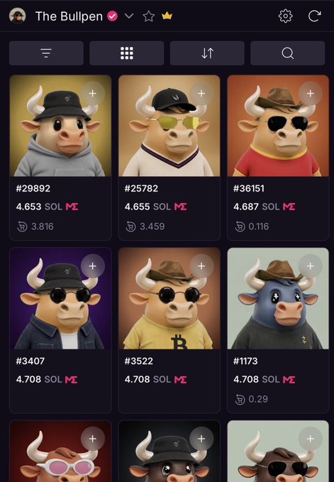 Screenshot of an NFT marketplace called 'The Bullpen' displaying a grid of stylized cartoon bull character NFTs priced around 4.6-4.7 SOL.