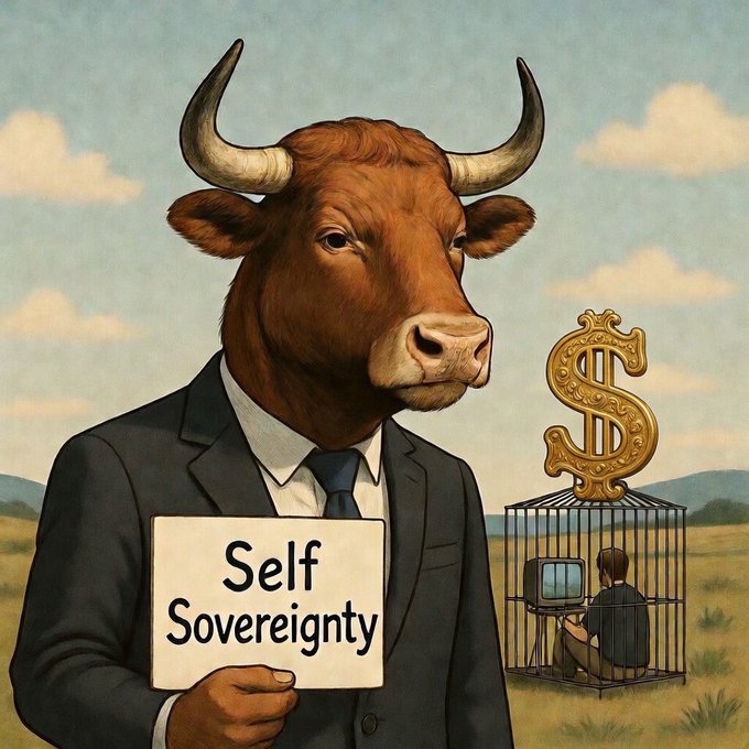 The image features a man dressed as a bull, holding up a sign that reads "Self Sovereignty". The bull stands next to a cage with a person inside, who appears to be working or studying. The caption above the image states "We're bullish on self-sovereignty. Because its the only way to remain free." This suggests that the man dressed as a bull is promoting the idea of self-sovereignty and freedom in an unconventional manner by using a bull costume, which can be seen as a symbol of strength and power.