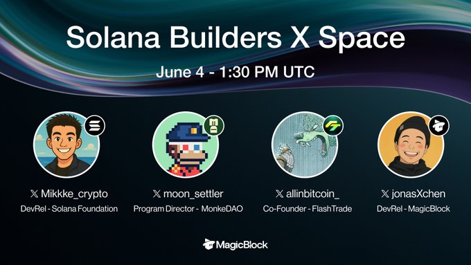 The image features four cartoon faces with different hairstyles and expressions, all wearing hats. The text at the bottom of the image reads "Solana Builders x Space", indicating that this event is related to the Solana blockchain or cryptocurrency space.