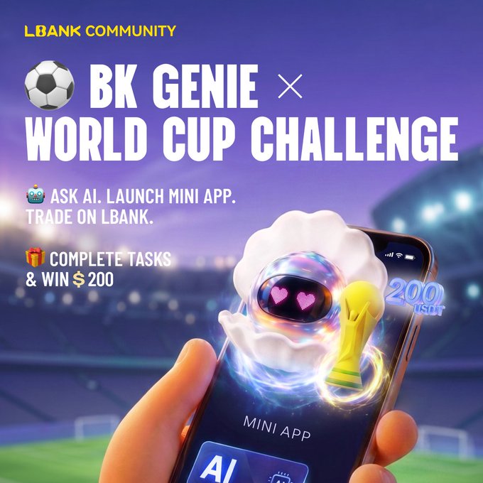 A promotional graphic for the "BK GENIE × World Cup Challenge" by LBank Community, featuring a hand holding a smartphone displaying a 3D character holding a World Cup trophy and "$200 USDT" floating nearby, with text inviting users to "ASK AI. LAUNCH MINI APP. TRADE ON LBANK" and "COMPLETE TASKS & WIN $200" against a stadium background. The image visually reinforces the post's announcement of the AI-powered World Cup challenge offering 200 USDT in rewards for engaging with the BK GENIE Mini App and trading on LBank.