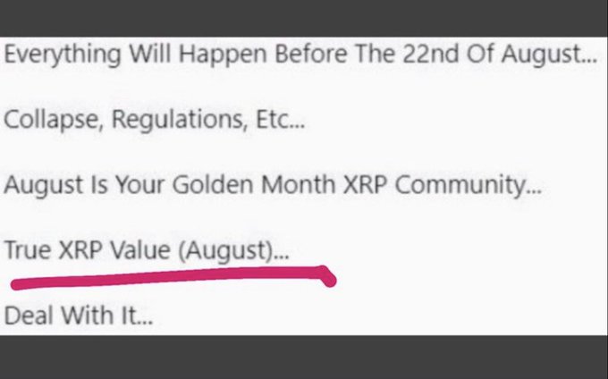 A screenshot of text snippets with the line 'True XRP Value (August)... Deal With It...' underlined in pink.