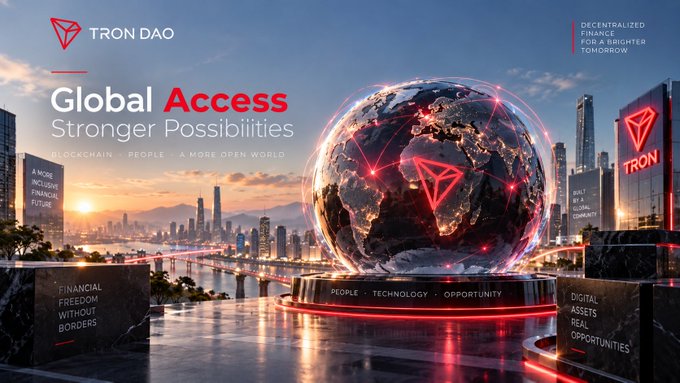 A promotional banner for TRON DAO featuring a glowing red digital globe with network connections, set against a futuristic cityscape at sunset. Text reads 'Global Access, Stronger Possibilities' and highlights 'Decentralized Finance for a Brighter Tomorrow' alongside values like 'Blockchain, People, A More Open World.'