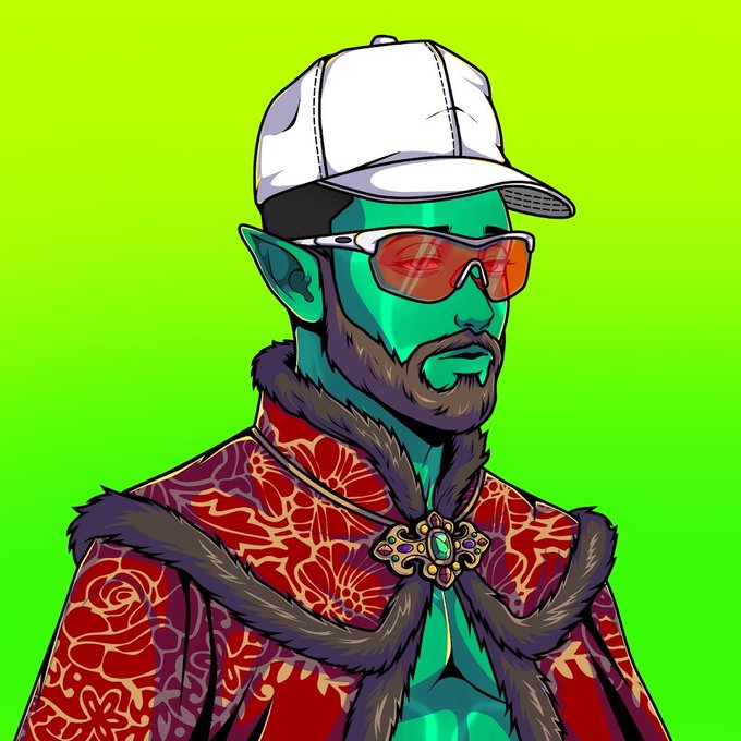 A stylized digital illustration of a green-skinned, bearded character with pointed ears, wearing a white baseball cap, red-tinted sunglasses, and an ornate red floral robe with fur trim and a jeweled brooch against a bright green background.