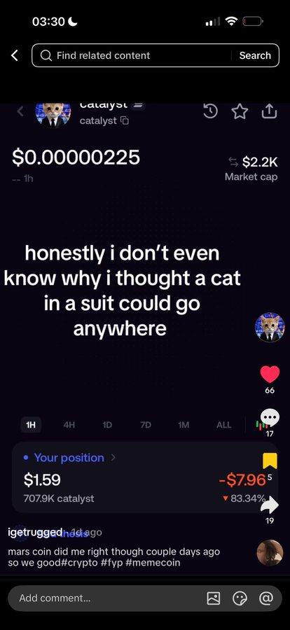 A screenshot of a meme coin called "catalyst" ($0.00000225, $2.2K market cap) showing a humorous post about a cat in a suit with a position of $1.59, illustrating how a small investment turned into $2.2K as mentioned in the TikTok reference.