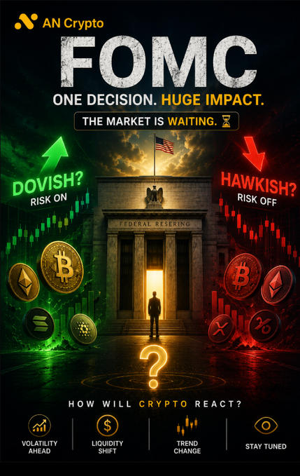 An AN Crypto promotional graphic for the FOMC meeting titled 'ONE DECISION. HUGE IMPACT' featuring the Federal Reserve building with a figure standing at the entrance, contrasting 'DOVISH? RISK ON' in green against 'HAWKISH? RISK OFF' in red, asking 'HOW WILL CRYPTO REACT?'