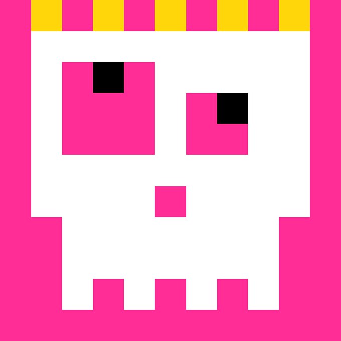 A pixel art image featuring a white skull character with a pink body, yellow crown, and pink eyes with black pupils.