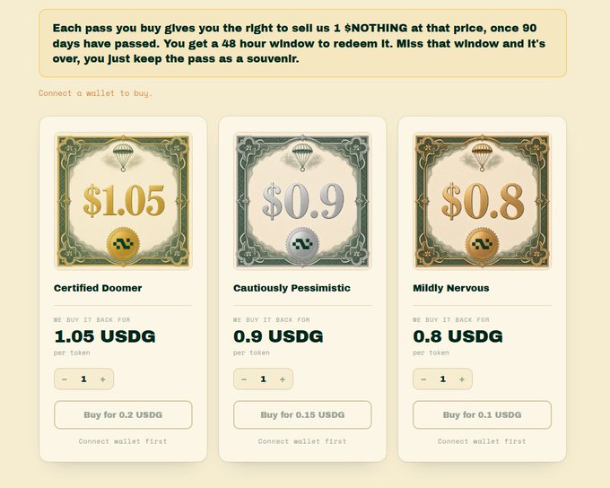 A promotional interface for "Nothing Guarantees Season 1" displays three certificate-style passes—Certified Doomer ($1.05), Cautiously Pessimistic ($0.90), and Mildly Nervous ($0.80)—each representing a price floor for the $NOTHING token, with buyers able to redeem passes for the listed USDG amount within a 48-hour window after 90 days.