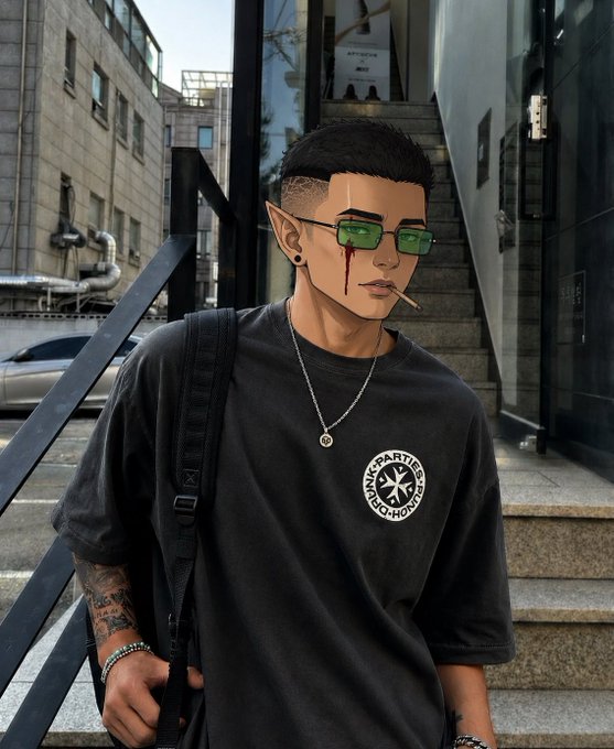 An illustrated character with pointed elf-like ears, green-tinted glasses, a cigarette in his mouth, and a 'NORTH STAR' star tattoo on his forehead, wearing a black t-shirt with a circular logo and carrying a backpack in an urban alleyway setting.