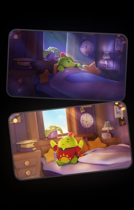 Two scenes depict a green cat-like character from Sleepagotchi—one sleeping peacefully under covers in a dimly lit bedroom with a clock reading late, and the other stretching energetically in a sunlit version of the same room with the clock now showing morning. The visual contrast between nighttime sleep and daytime wakefulness mirrors the post's message about using personal sleep and wellness data to create a more meaningful daily health loop.
