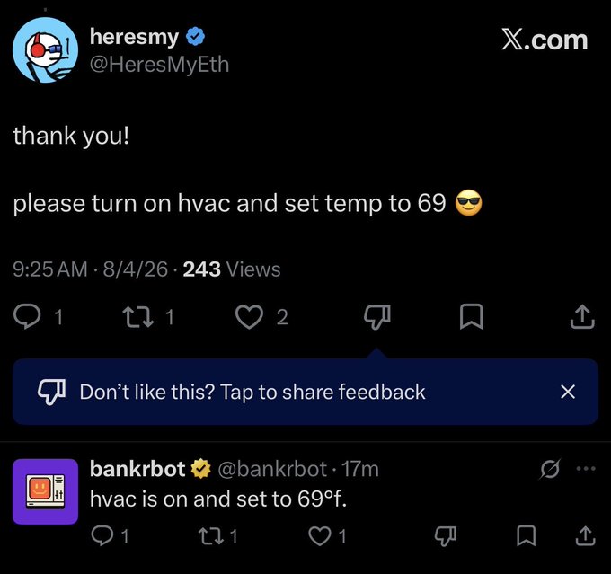 A screenshot of an X/Twitter post by heresmy asking bankrbot to turn on the HVAC and set it to 69 degrees, with a reply confirming the action.