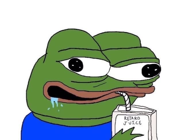 A meme image of a sad, drooling Pepe the Frog character holding a juice box labeled 'RETARD JUICE'.