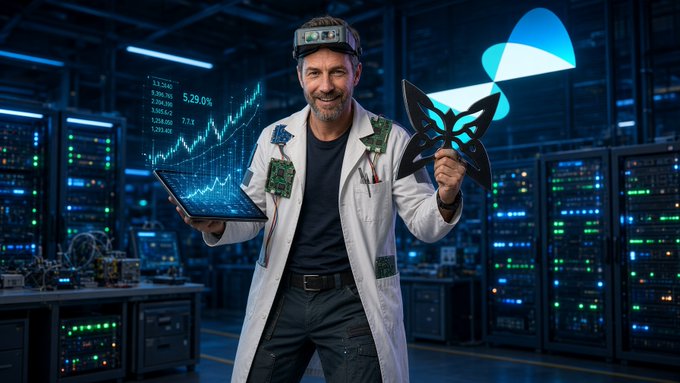 An AI-generated image of a smiling man wearing a lab coat and head-mounted display, holding a tablet displaying a '5.29 0%' stock chart and a butterfly-shaped device, standing in a server room.