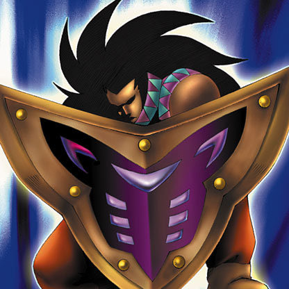 An anime-style illustration of a warrior character with spiky black hair, a studded collar, and purple and gold armor set against a blue striped background.