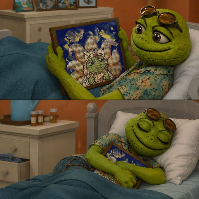 Two panels showing a green, frog-like puppet character wearing goggles on its head; the top panel shows the character awake and holding a framed artwork, while the bottom panel shows it sleeping while clutching the frame.