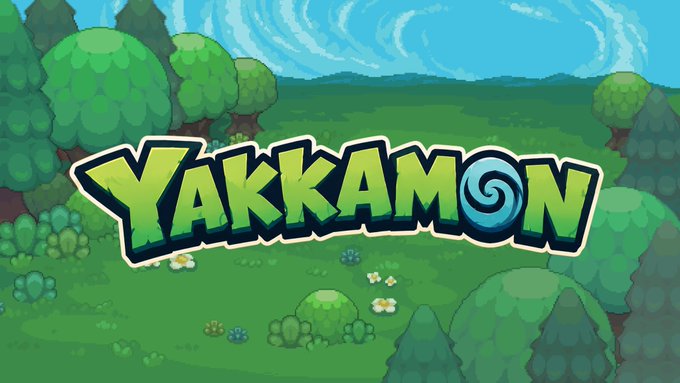 A vibrant cartoon-style logo reading "YAKKAMON" is displayed prominently against a lush green landscape with rolling trees, bushes, and white flowers under a blue sky. The image visually introduces Yakkamon, an upcoming on-chain game on Ronin that combines idle farming, creature collecting, exploration, crafting, and PvP, built by the team behind 0xSunflowerLand.