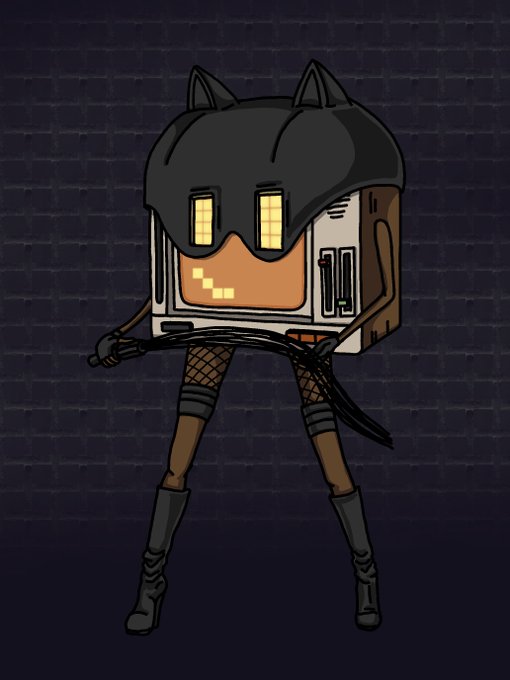 A cartoon illustration of an anthropomorphic arcade machine character wearing a black bat-eared helmet, fishnet stockings, and tall boots against a brick wall background.