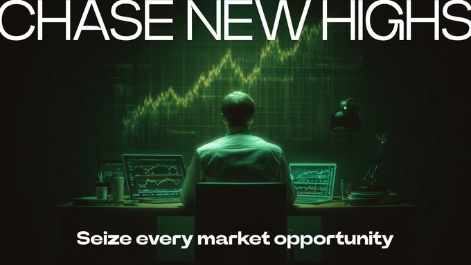 The image shows a man sitting at a desk working with computer screens displaying market data and graphs. The title of the image says "Chase New Highs", suggesting that the man's job is involved in analyzing financial markets or charting new trends, possibly related to trading stocks or other financial instruments.