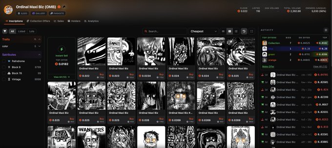 A dark-themed marketplace interface displaying a grid of black and white digital art thumbnails, all labeled 'Ordinal Maxi Biz', alongside a sidebar of traits like 'B/Walone' and 'Back 75' and an activity feed.