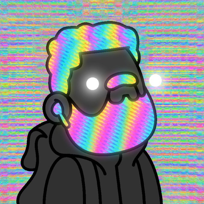 A glitch-art style drawing of a hooded figure with glowing white eyes against a colorful, distorted rainbow background.