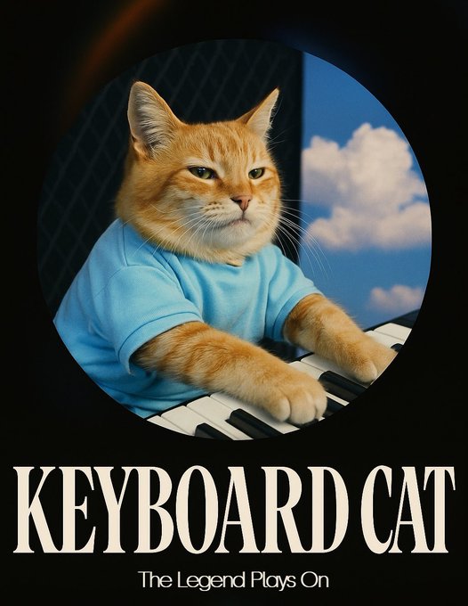 A poster featuring an orange tabby cat in a blue shirt playing a keyboard with the text 'KEYBOARD CAT - The Legend Plays On'.