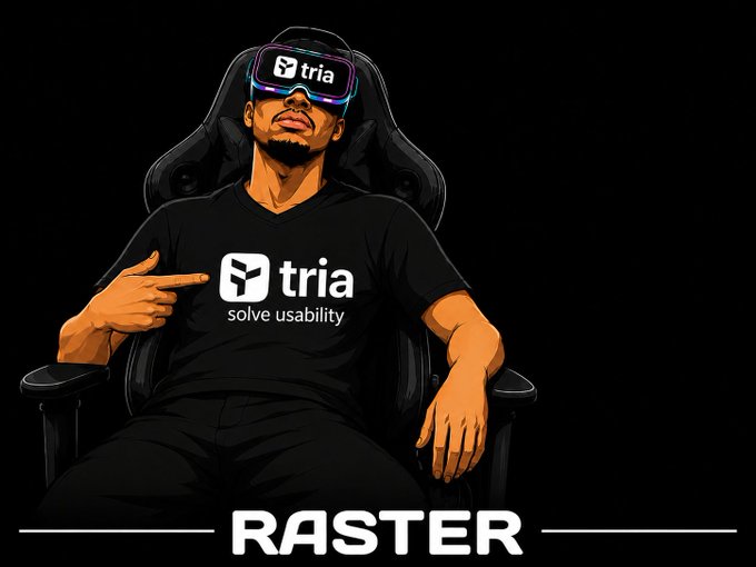 The image features a man wearing a black shirt with a white "Tria" logo sitting in a chair. The text above him reads "Raster", which could be interpreted as a reference to the video game "Raster". This suggests that the image is related to gaming or technology, possibly promoting a product or service associated with the game.