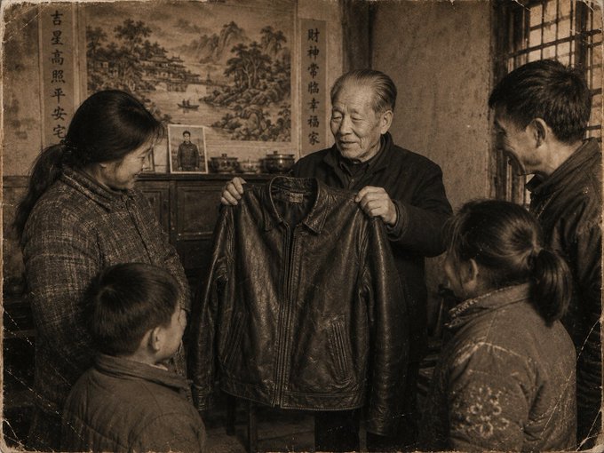 A sepia-toned photograph of a Chinese family examining a leather jacket in a modest room, with Chinese couplets visible on the walls.