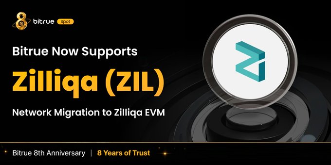 Bitrue announces support for Zilliqa (ZIL) following its network migration to Zilliqa EVM, featuring the platform's logo and an 8th anniversary banner highlighting "8 Years of Trust."