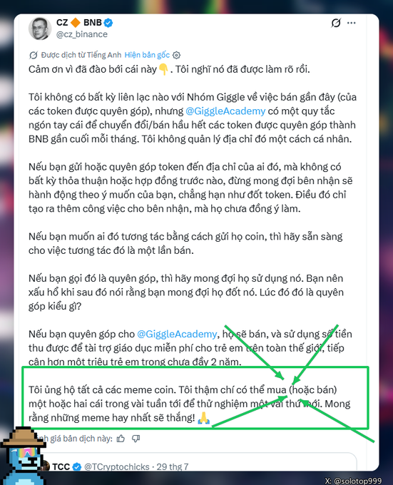 The image shows a Vietnamese-translated tweet from CZ (@cz_binance), with a highlighted section emphasizing his support for meme coins, stating "Tôi ủng hộ tất cả các meme coin. Tôi thậm chí có thể mua (hoặc bán) một hoặc hai coin trong vài tuần tới để thử nghiệm một vài thứ mới. Mong rằng những meme hay nhất sẽ thắng!" (I support all meme coins. I might even buy or sell one or two in the coming weeks to test some new things. Hoping the best memes will win!), directly aligning with the accompanying post's message about CZ endorsing meme coins on the BNB chain.