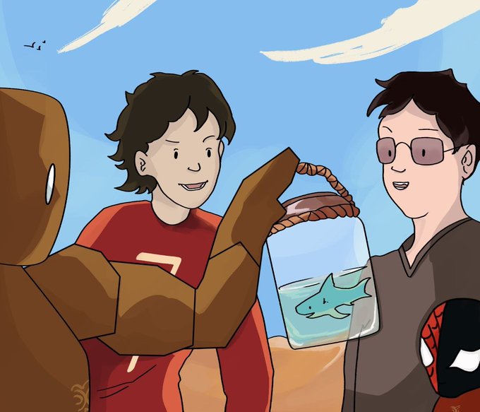 A cartoon illustration showing a person in an orange shirt looking at a jar containing a small shark held by another person wearing glasses, with a large brown figure partially visible on the left.