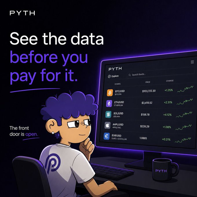 The image features a cartoon character, possibly a boy or a girl with curly hair wearing glasses, sitting at a desk using a computer monitor while looking at a screen displaying various financial data. The text "See the data before you pay for it." is written above and below the character's head on the screen. The background of the image is dark purple, which contrasts with the white foreground where the character is seated. The post also mentions GM ct Good day to hop on pyth You're number one open source data.