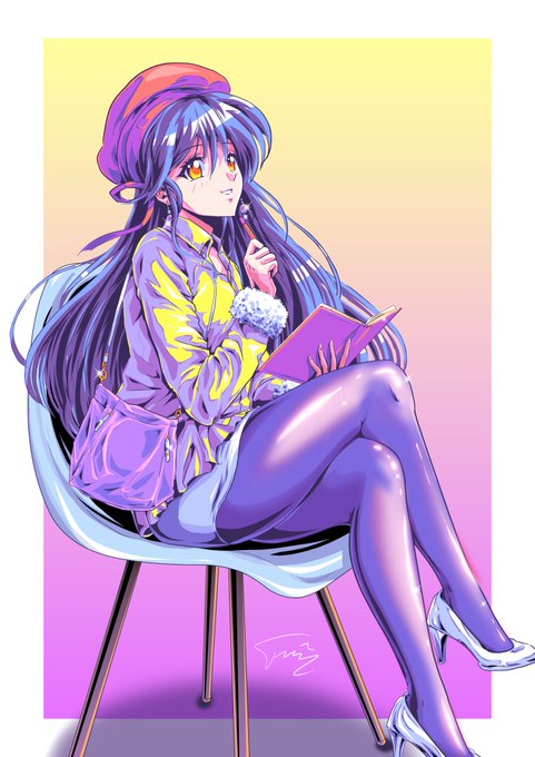 An anime-style illustration of a blue-haired girl wearing a yellow and purple jacket, beret, and shiny purple tights, sitting in a chair reading a book against a pink and yellow gradient background.