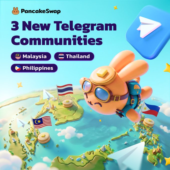 The image features a cartoon rabbit flying through the sky, with a map of the world below him. The text above the rabbit reads "3 new Telegram communities", indicating that there are now three new regional Telegram channels available for users to join. Below this, there is a list of countries and their corresponding flags, providing information about these new Telegram communities.