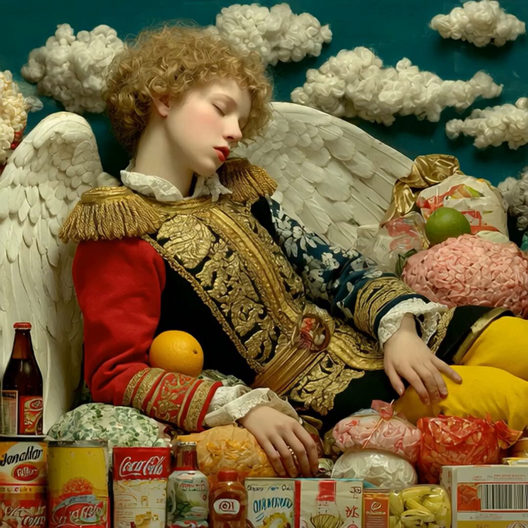 The image features a woman with curly hair, dressed in an ornate outfit that includes a gold and red jacket adorned with wings. She appears to be sleeping or taking a nap while surrounded by various items such as bottles of soda, cans of coca cola, oranges, and other food items. The background is filled with clouds, giving the scene a dreamy atmosphere. The image also contains text that reads "Happy Tezos day fam Wishing you all a beautiful day filled with good vibes and inspiration Heven's Special Offer is available here 1/5 (15 XTZ) objkt.com/tokens/open_ob".
